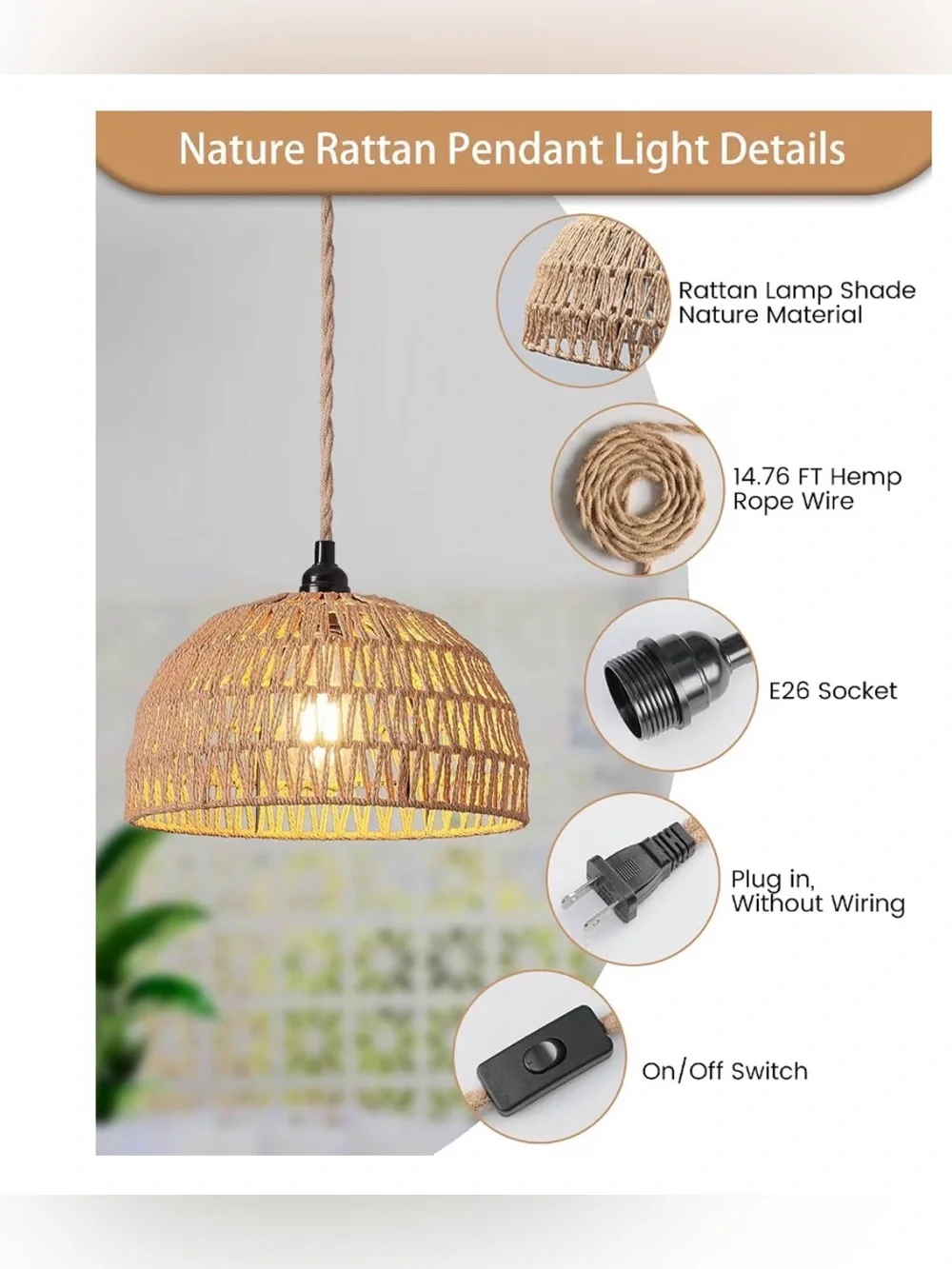 Rattan Hanging Lamp,Boho Pendant Lights,Plug In Cord